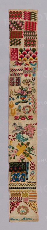 Sampler, 1852, Executed by Maria Beiser (Germany, active c. 1852), Germany, Linen, plain weave, embroidered with wool, 104.6 x 14.3 cm (41 1/4 x 5 5/8 in.)