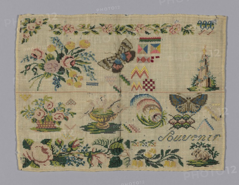 Sampler, 19th century, Germany, Wool, plain weave, embroidered with silk yarns in Algerian eye, back, compound cross, cross, double or Smyrna cross, flame, flat, eye, Greek cross filling, herringbone, Jacquard, Rococo, running, satin, and surface satin stitches, 32.2 x 24.3 cm (12 5/8 x 9 1/2 in.)