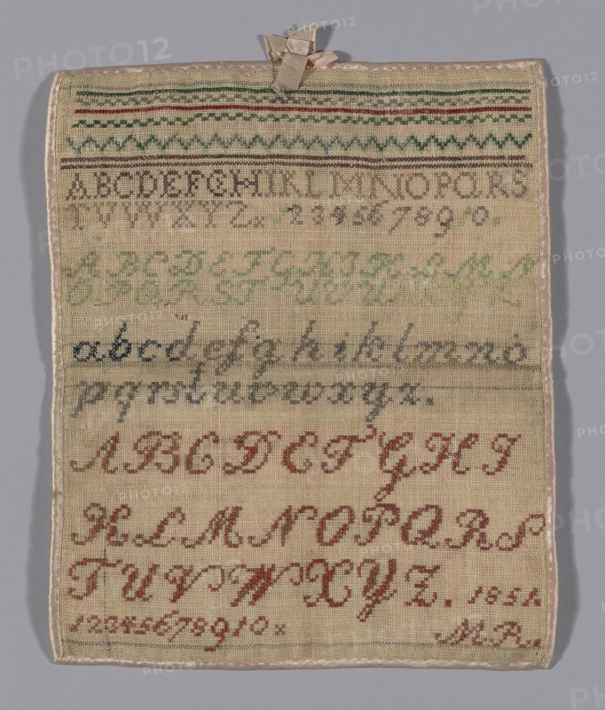 Sampler, 1851, Germany, Linen, plain weave, embroidered with silk, 26.7 x 30.5 cm (10 1/2 x 12 1/2 in.)