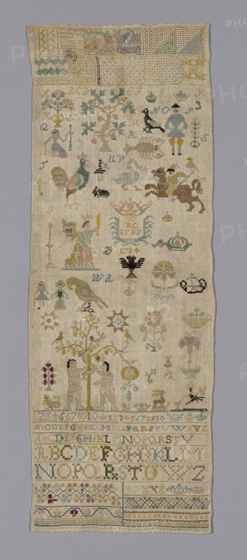 Sampler, 1794, Possibly Netherlands, Netherlands, Linen, plain weave, embroidered in linen and silk in cross, satin ground running back and feathered hem stitches and simple trellis overcast fillings, three edges finished in feathered hem stitch, 24.7 x 68.5 cm (9 3/4 x 27 in.)
