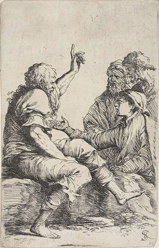 A bearded old man seated on a rock and making a hortatory gesture toward three men opposite him, from Figurine series, n.d., Salvator Rosa, Italian, 1615-1673, Italy, Etching on ivory laid paper, 144 x 92 mm (clipped unevenly within plate)