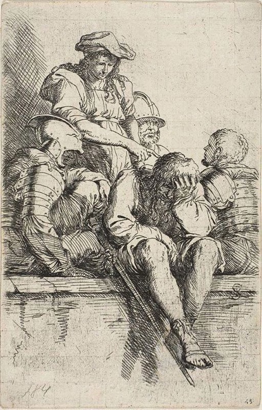 Four warriors and a standing youth, who points down at one of them, from Figurine series, n.d., Salvator Rosa, Italian, 1615-1673, Italy, Etching on ivory laid paper, 146 x 94.5 mm (clipped within platemark)