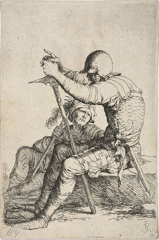 Two warriors, one seated on a low foreground rock and holding a war hammer, the other figure seated on the ground behind him, holding a mace across his right shoulder and looking up at the foreground fugure, from Figurine series, n.d., Salvator Rosa, Italian, 1615-1673, Italy, Etching on ivory laid paper, 140 x 93 mm (clipped within platemark)