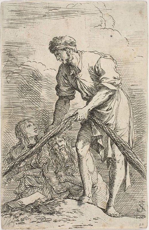 A men pulling a net, with two figures behind him, from Figurine series, n.d., Salvator Rosa, Italian, 1615-1673, Italy, Etching on ivory laid paper, 139.5 x 90 mm (clipped within platemark)