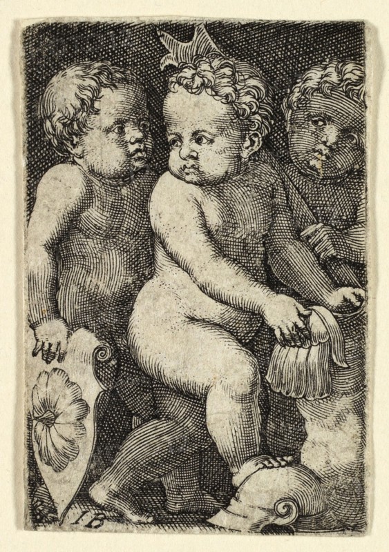 Three Putti with Armor, 1523/30, Master I.B., German, died 1525/30, Germany, Engraving in black on ivory laid paper, 46 × 31 mm