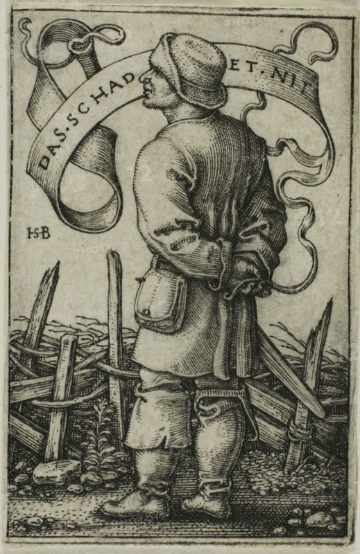 The Weather Peasant Das Schadet Nit, c. 1542, Sebald Beham, German, 1500-1550, Germany, Engraving in black on ivory laid paper, 44 x 28 mm (image/plate), 45 x 29 mm (sheet)