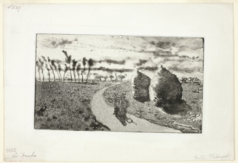 Twilight with Haystacks, 1879, Camille Pissarro, French, 1830-1903, France, Aquatint, with etching, in black on white wove paper, 103 × 181 mm (image/plate), 170 × 247 mm (sheet)
