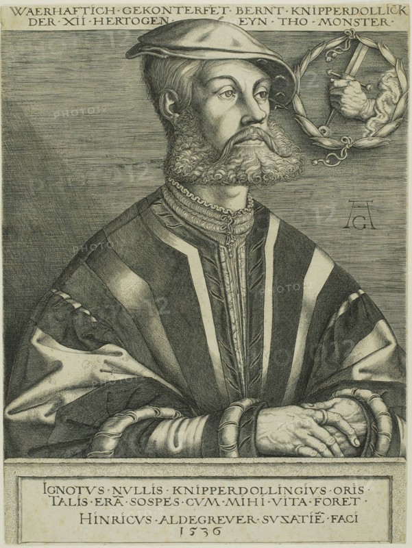 Bernard Knipperdolling, 1536, Heinrich Aldegrever, German, 1502-c.1560, Germany, Engraving in black on ivory laid paper, 305 x 228 mm (trimmed within plate)