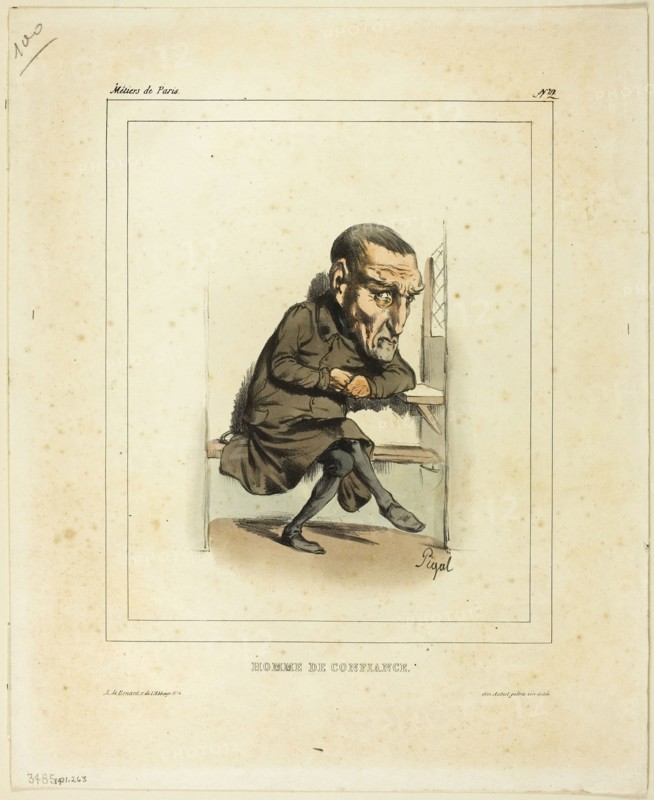 Trustworthy Man, n.d., Edmé Jean Pigal (French, 1798-1872), published by chez Aubert (French, 19th century), printed by Bénard (French, 19th century), France, Lithograph in black, with hand-coloring, on ivory wove paper, 216 × 178 mm (image, with border, without inscription), 277 × 222 mm (sheet)