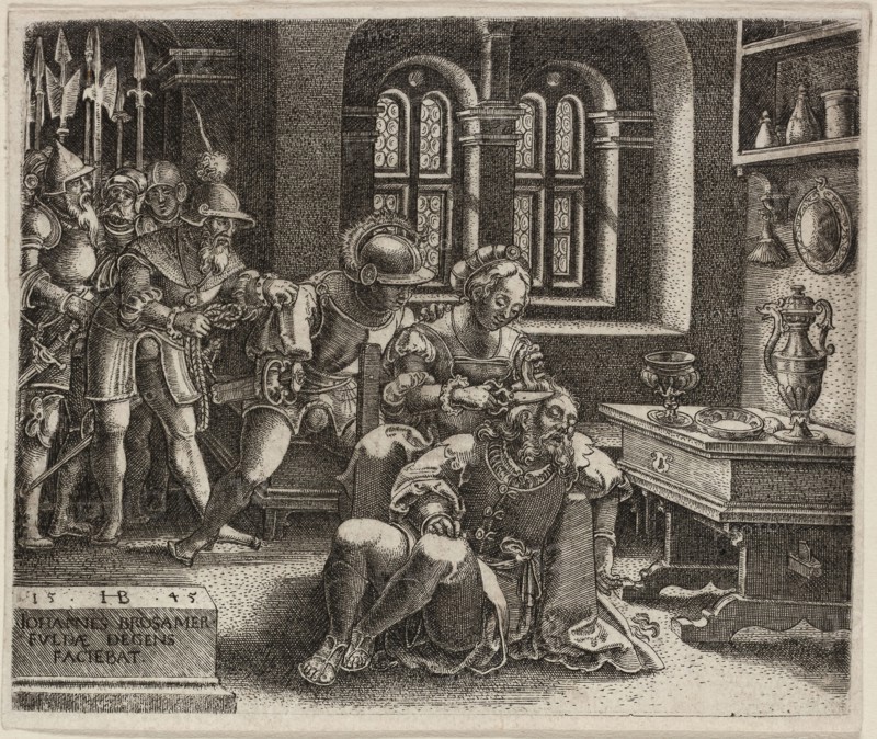 Samson and Delilah, 1545, Hans Brosamer, German, c. 1500-1554, Germany, Engraving in black on ivory laid paper, 80 x 97 mm (image/plate), 84 x 100 mm (sheet)