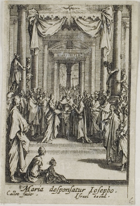 Mary Marries Joseph, from The Life of the Virgin, n.d., Jacques Callot, French, 1592-1635, France, Etching on paper, 63 × 43 mm (image), 68 × 44 mm (plate), 71 × 47 mm (sheet)