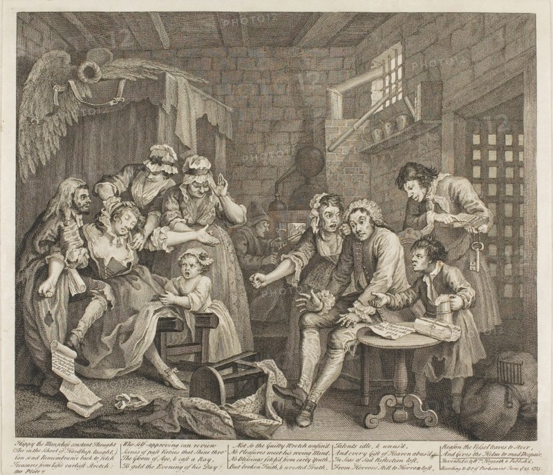 Plate Seven, from A Rake’s Progress, June 1735, William Hogarth, English, 1697-1764, England, Etching and engraving in black on ivory laid paper, 315 × 385 mm (image), 355 × 405 mm (plate), 474 × 596 mm (sheet)