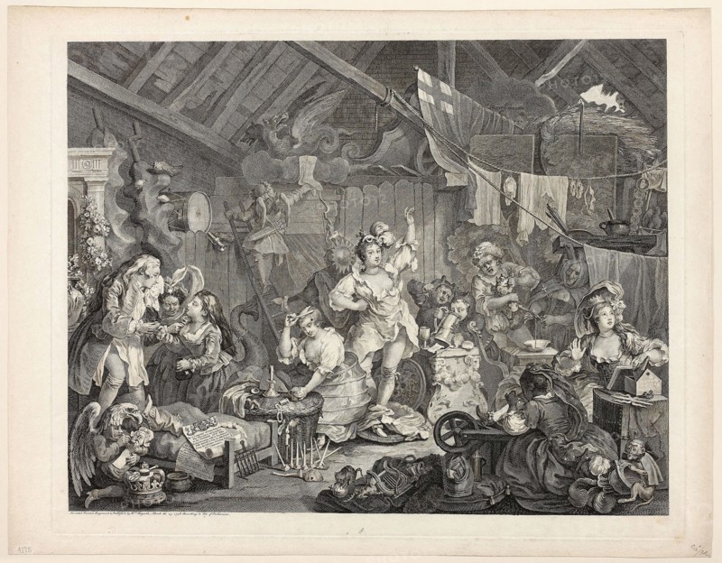 Strolling Actresses Dressing in a Barn, May 1738, William Hogarth, English, 1697-1764, England, Engraving in black on ivory laid paper, 423 × 538 mm (image), 450 × 561 mm (plate), 493 × 628 mm (sheet)