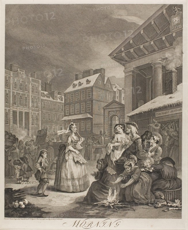 Morning, plate one from The Four Times of the Day, May 1738, William Hogarth, English, 1697-1764, England, Etching and engraving in black on ivory laid paper, 455 × 376 mm (image), 488 × 395 mm (plate), 660 × 495 mm (sheet)