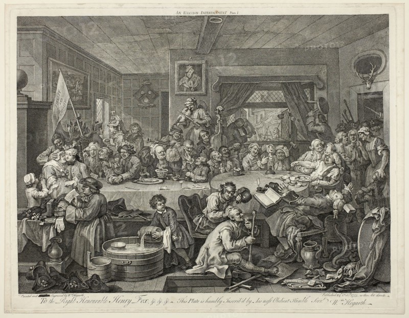 An Election Entertainment, plate one from Four Prints of an Election, 1757/58, William Hogarth, English, 1697-1764, England, Engraving in black on cream laid paper, 400 × 540 mm (image), 437 × 559 mm (plate), 449 × 580 mm (sheet)