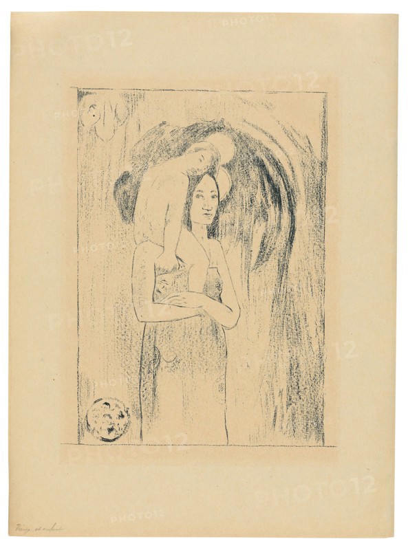 Ia orana Maria (Hail Mary), 1894/95, published Mar. 1895, Paul Gauguin, French, 1848-1903, France, Transfer zincograph on coarse-grained transfer paper, in dark-blue ink on cream wove paper (an imitation Japanese vellum), 257 × 186 mm (image), 381 × 281 mm (sheet)