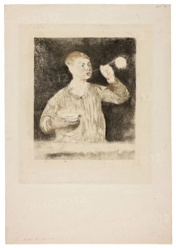 Boy Blowing Soap Bubbles, late 1868/early 1869, Édouard Manet (French, 1832-1883), printed by Henri Charles Guérard (French, 1846-1897), France, Etching and aquatint, with roulette, with color applied à la poupée, on cream wove paper, 195 × 161 mm (image), 250 × 211 (plate), 379 × 263 mm (sheet)