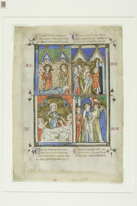 Scenes from the Miracles of St. Peter, from a Bible Historiale or Pictorial New Testament, c. 1350, French (Northeastern France, possibly Metz), France, Opaque watercolor, mordant gilding with pen and black, red and blue ink on parchment, 286 × 202 mm