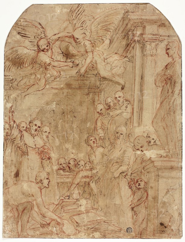 Study for the Trial of Saint Dominic’s and Albigensian Books by Fire, 1614/16, Leonello Spada, Italian, 1576-1622, Italy, Pen and brown ink, with brush and brown wash, over red chalk, on brown laid paper, laid down on ivory laid paper, 374 x 285 mm