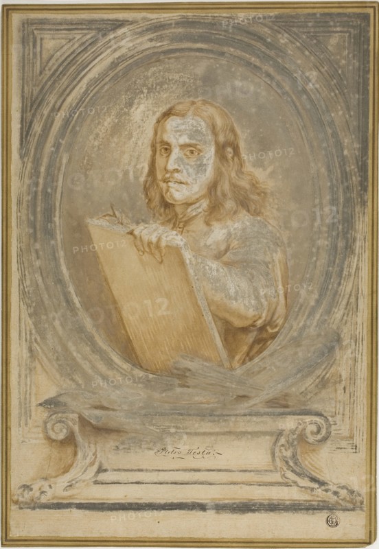 Portrait of Pietro Testa, after c. 1645, After Pietro Testa, Italian, 1611/12-1650, Italy, Brush and brown wash heightened with lead white (discolored), on tan laid paper, laid down on cream laid card, 378 x 257 mm