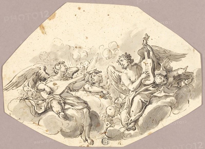 Musician Angels, n.d., Attributed to Giambattista Tiepolo, Italian, 1696-1770, Italy, Pen and brown ink, with brush and gray wash, on cream laid paper, 184 x 256 mm