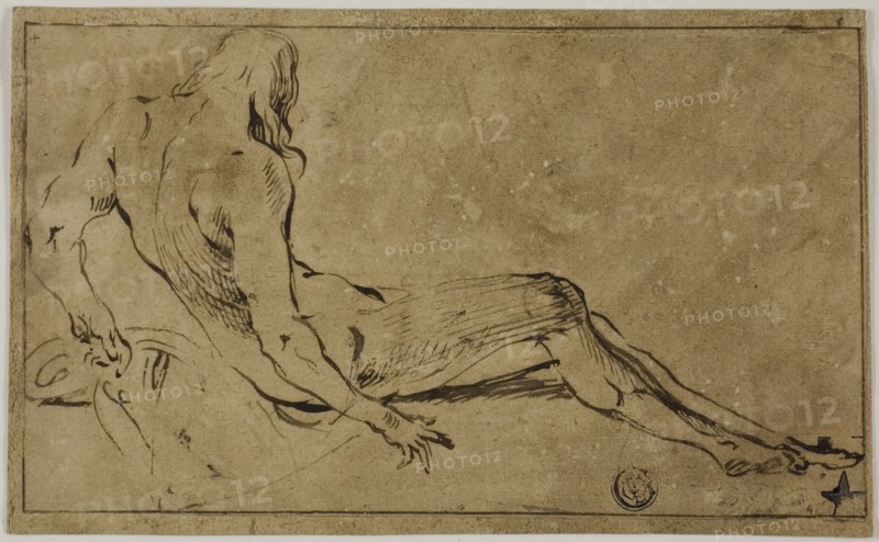 Reclining Male Nude, from Behind, c. 1591, Attributed to Ferraù Fenzoni, Italian, 1562-1645, Italy, Pen and brown ink, on cream laid paper, laid down on cream laid paper, both prepared with brown wash, 107 x 184 mm