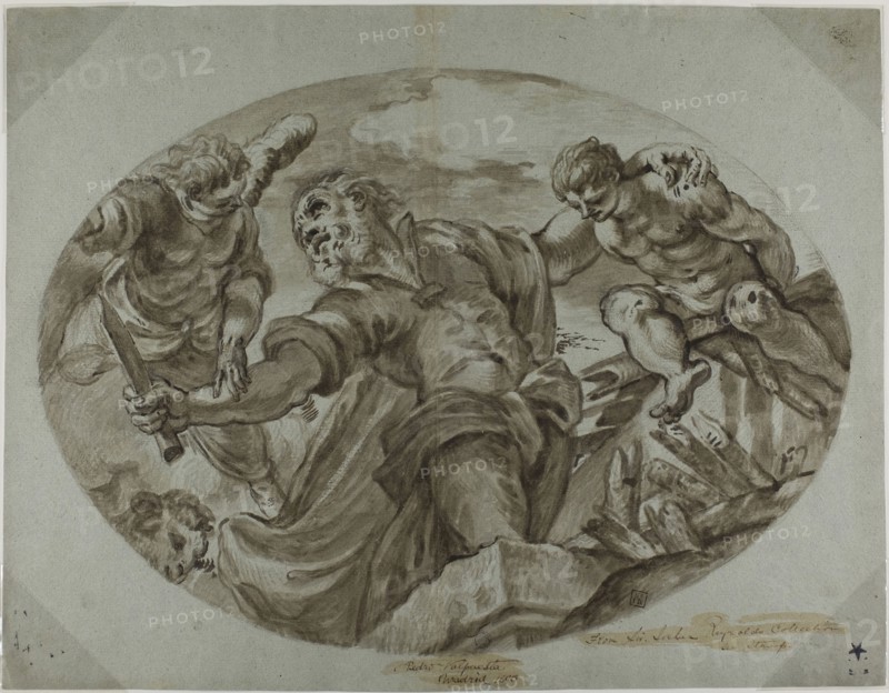 Sacrifice of Isaac, c. 1656, After Jacopo Robusti, called Tintoretto (Italian, 1519-1594), or Pedro de Valpuesta (Spanish, 1614-1668), Italy, Brush and brown ink and wash, heightened with white gouache, over traces of black chalk, on blue laid paper, laid down on ivory laid paper, 388 x 500 mm (max.)