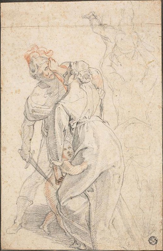 Figures from a Massacre of the Innocents, n.d., Andrea Boscoli, Italian, c. 1560-1608, Italy, Black and red chalk on cream laid paper, laid down on cream wove card, 282 x 186 mm
