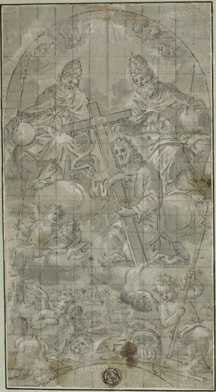 The Trinity with Christ Bearing the Cross, n.d., Raffaello Vanni, Italian, 1596-1667, Italy, Pen and black ink with brush and gray wash, heightened with white gouache, squared in graphite, on gray tinted laid paper, laid down on board, 202 x 108 mm