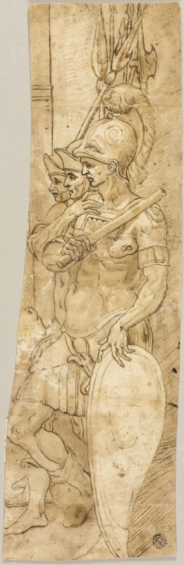Three Roman Soldiers, n.d., After Giambologna, Italian, 1529-1608, Italy, Pen and brown ink with brush and brown wash, over traces of black chalk, on cream laid paper, laid down on ivory laid paper, 387 x 121 mm (max.)
