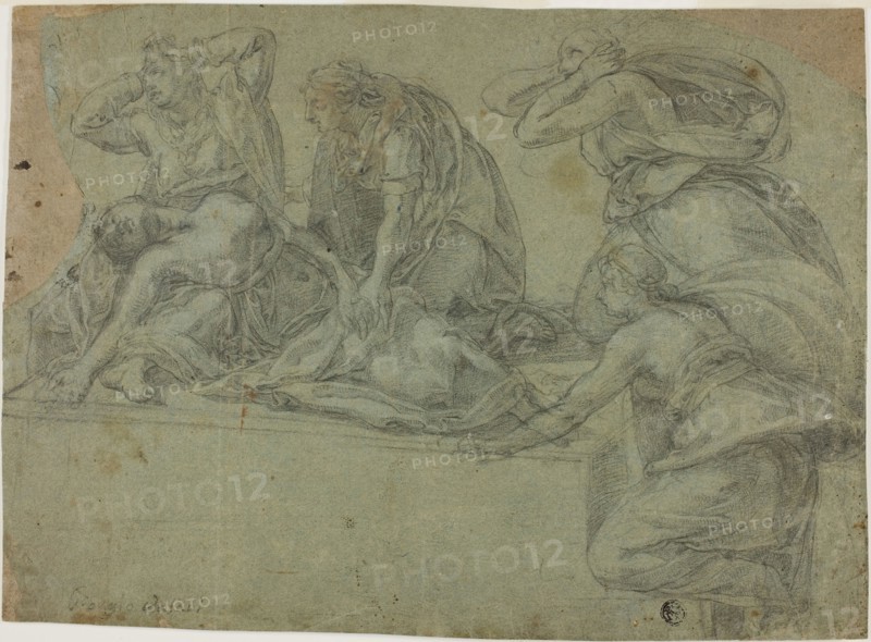 Death of Cleopatra, c. 1540, Follower of Daniela da Volterra (Italian, 1509-1566), or circle of Rosso Fiorentino (Italian, 1494-1540), Florence, Black chalk on blue-gray laid paper, laid down on cream laid paper, 254 × 348 mm (ma×.)
