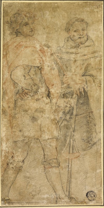 Saint Michael and San Giovanni Gualberto, late 16th century, After Andrea del Sarto, Italian, 1486-1530, Italy, Black and red chalk on tan laid paper, laid down on ivory laid paper, laid down on cream wove card, 204 x 101 mm, Porte St. Martin, c. 1867, Charles Soulier, French, 1840-1875, France, Albumen print, from the album "Paris et ses environs