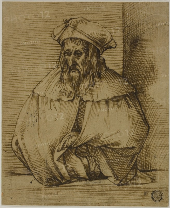 Half-Length Sketch of a Gentleman Wearing Hat and Cape, n.d., Bartolomeo Passarotti, Italian, 1529-1592, Italy, Pen and brown ink on tan laid paper, laid down on ivory laid paper, 173 x 142 mm