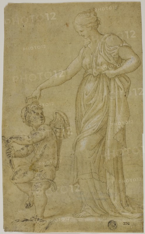 Venus (?) and Cupid, n.d., Circle of Bernardino Campi (Italian, 1521-1591), or possiby Pierino da Vinci (Italian, c. 1530-1553), Italy, Pen and brown ink with brush and brown wash, heightened with lead white (partly oxidized), on cream laid paper prepared with tan wash, 227 x 139 mm (max.)