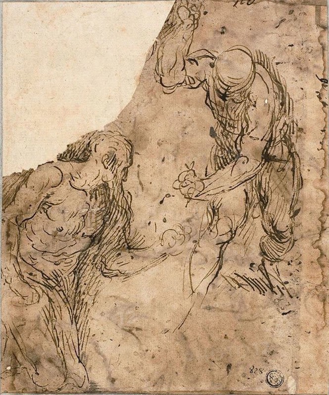 Two Sketches of Male Nudes, One Kneeling (Saint Jerome?), One Standing (recto), Three Sketches: Seated Male Nude, Reclining Male Nude, Male Head in Profile (v erso), 1600/09, Jacopo Negretti, called Palma il Giovane (Italian, c. 1548-1628), or Jacopo Palma, called il Vecchio (Italian, c. 1480-1528), Italy, Pen and brown ink on tan laid paper (recto and verso), edge mounted, 223 x 178 mm