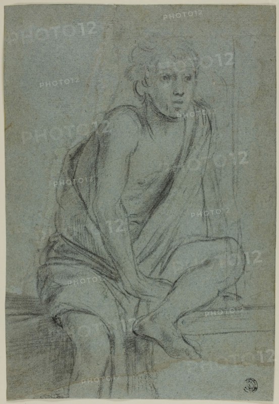Seated Youth: Study for Flagellation of Saint Andrew, c. 1608, Domenichino, Italian, 1581-1641, Italy, Charcoal on blue laid paper, laid down on cream laid card, 254 x 176 mm