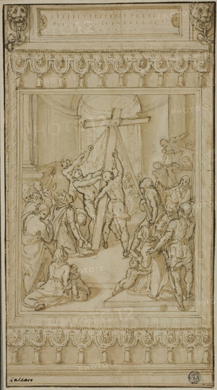 Saint Helena Kneeling before the True Cross, c. 1582, Cesare Nebbia, Italian, 1536-1614, Italy, Pen and brown ink with brush and brown wash, over black chalk, on cream laid paper, edge mounted on cream wove paper, 297 x 164 mm