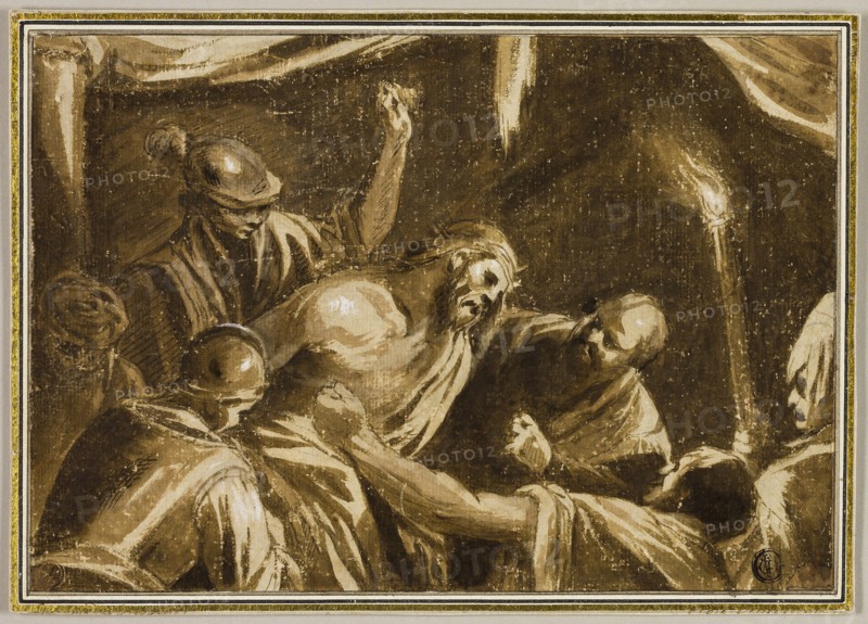 Christ Crowned with Thorns, n.d., After Jacopo Bassano, Italian, c. 1510-1592, Italy, Pen and brown ink with brush and brown wash, heightened with white gouache, over traces of black chalk, on cream laid paper, laid down on ivory laid paper, 164 x 237 mm (max.)