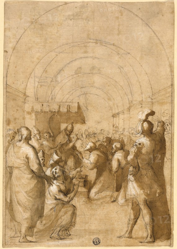 Study for Pope Innocent III Establishing the Franciscan Order, n.d., Possibly Francesco Allegrini (Italian, 1587/1624-after 1679), or possibly Federico Zuccaro (Italian, c. 1542-1609), Italy, Pen and brown ink with brush and brown wash, heightened with white gouache, over black chalk, on buff laid paper, 312 x 219 mm