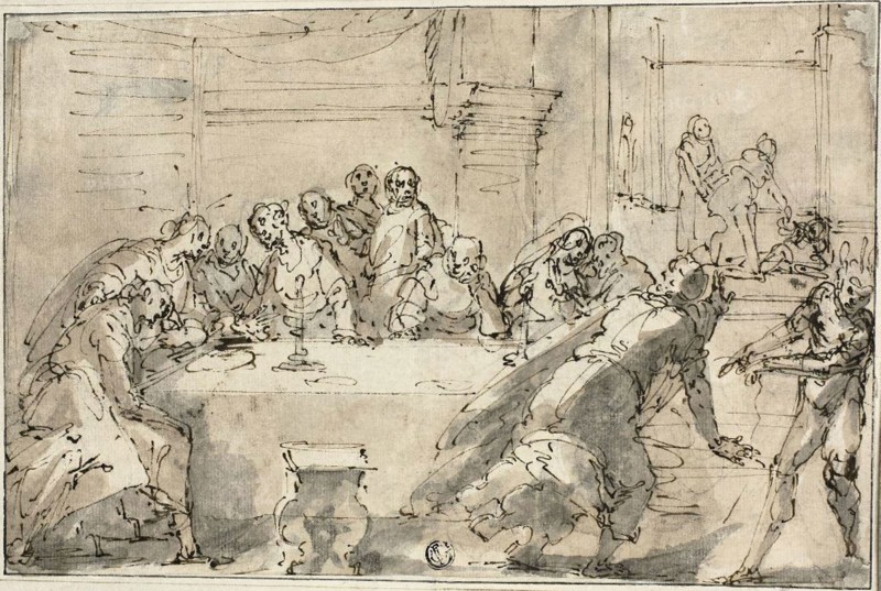 Last Supper, c. 1622, Giulio Benso (Italian, 1592-1668), or Federico Zuccaro (Italian, c. 1542-1609), Italy, Pen and brown ink, with brush and brown and gray wash, with traces of graphite, on ivory laid paper, laid down on ivory wove paper, 195 x 290 mm