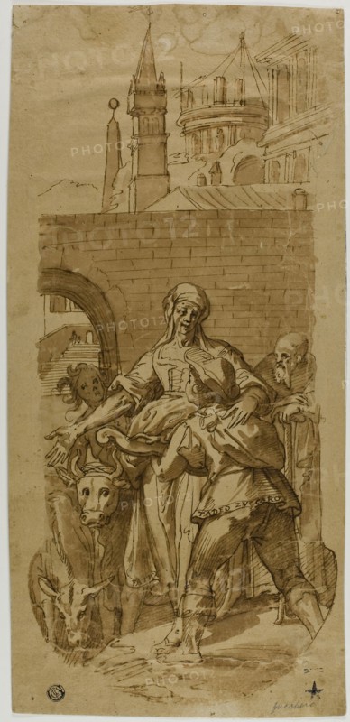 Taddeo Zuccaro at the Entrance to Rome, Greeted by Servitude, Hardship, and Toil, 1590s, After Federico Zuccaro (Italian, 1540/41-1609), or Baldassare Peruzzi (Italian, 1481-1536), or Federico Zuccaro (Italian, c. 15442-1609), Italy, Pen and brown ink with brush and brown wash, on tan laid paper, laid down on ivory laid paper, 405 x 192 mm (max.)