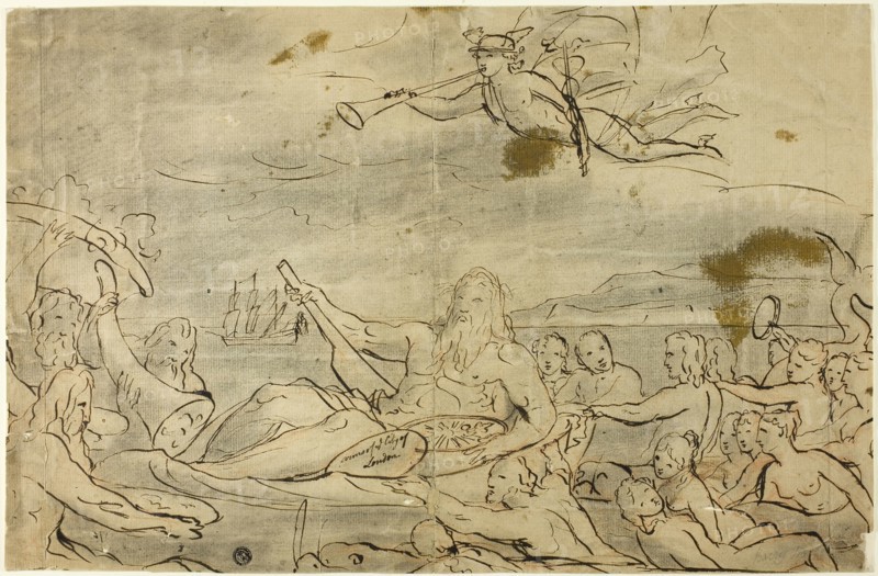 Study for Commerce or the Triumph of the Thames, 1767/80, Attributed to James Barry, Irish, 1741-1806, Ireland, Pen and brown ink over red and black chalk on tan laid paper, laid down on ivory wove paper, 314 x 482 mm