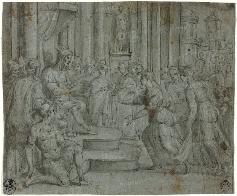 Solomon Receiving the Queen of Sheba, n.d., Cesare Rossetti, Italian, 1568-c. 1621, Italy, Pen and gray ink with brush and gray wash, heightened with lead white, with traces of red watercolor, on blue laid paper, 173 x 209 mm