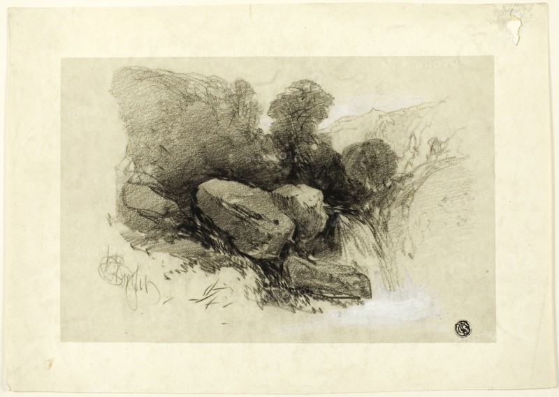Rocky Scene, n.d., Henry Bright, English, 1814-1873, England, Black chalk, heightened with white gouache, on gray tinted wove paper, 225 × 318 mm