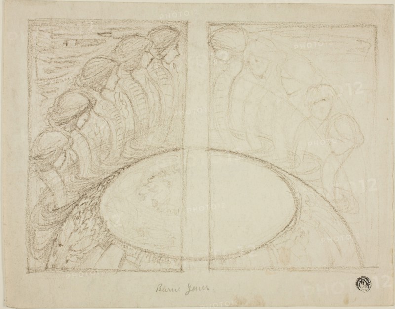 Serpent Women Around Globe, n.d., Sir Edward Burne-Jones, English, 1833-1898, England, Brown crayon on buff wove paper, 203 × 257 mm