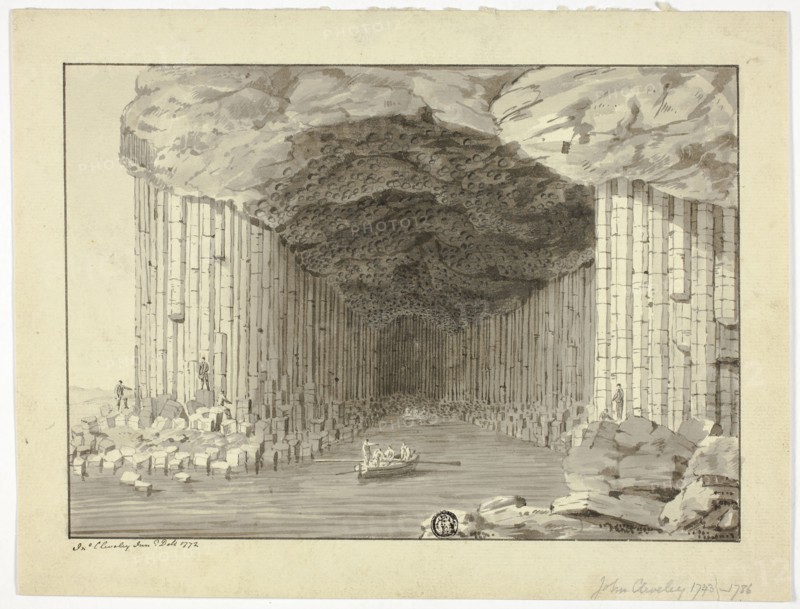 Fingal’s Cave, 1772, John Clevely, II, English, 1747-1786, England, Pen and black ink and brush and gray wash with graphite, on cream laid paper, 222 × 291 mm