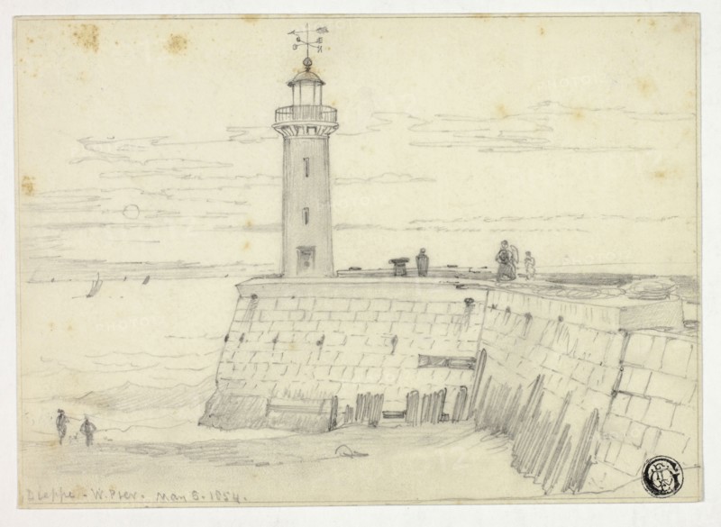 Dieppe, West Pier, May 6, 1854, Edward William Cooke, English, 1811-1880, England, Graphite on ivory wove paper, 120 × 167 mm