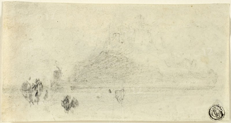 Sketch of Mont Saint Michel (recto), Buildings Beside Water (verso), c. 1818, John Sell Cotman, English, 1782-1842, England, Graphite (recto and verso) on ivory wove paper, 74 × 138 mm