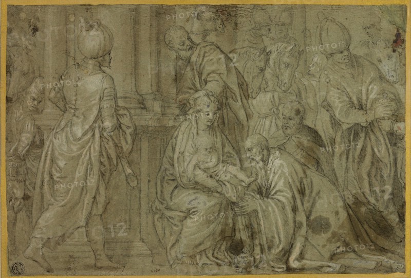 Adoration of the Magi, 1590/98, Benedetto Caliari, Italian, 1538-1598, Italy, Pen and brown ink and black chalk, with brush and brown wash, heightened with gouache, on green laid paper, laid down on tan laid card, 208 x 306 mm (max.)