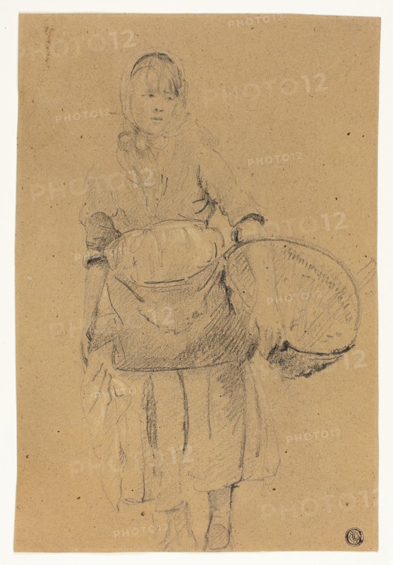 Fisher Girl with Basket, n.d., Attributed to Michel François Dandré-Bardon, French, 1700-1783, France, Black crayon with touches of white chalk on brown wove paper, 301 × 204 mm